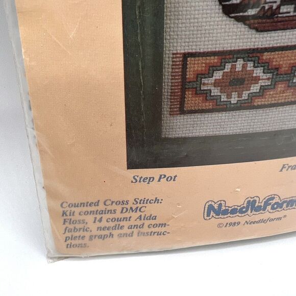 NEW 1989 Needleform Counted Cross Stitch Kit Framed 5x7 Southwest Step Pot #883 - Picture 2 of 7